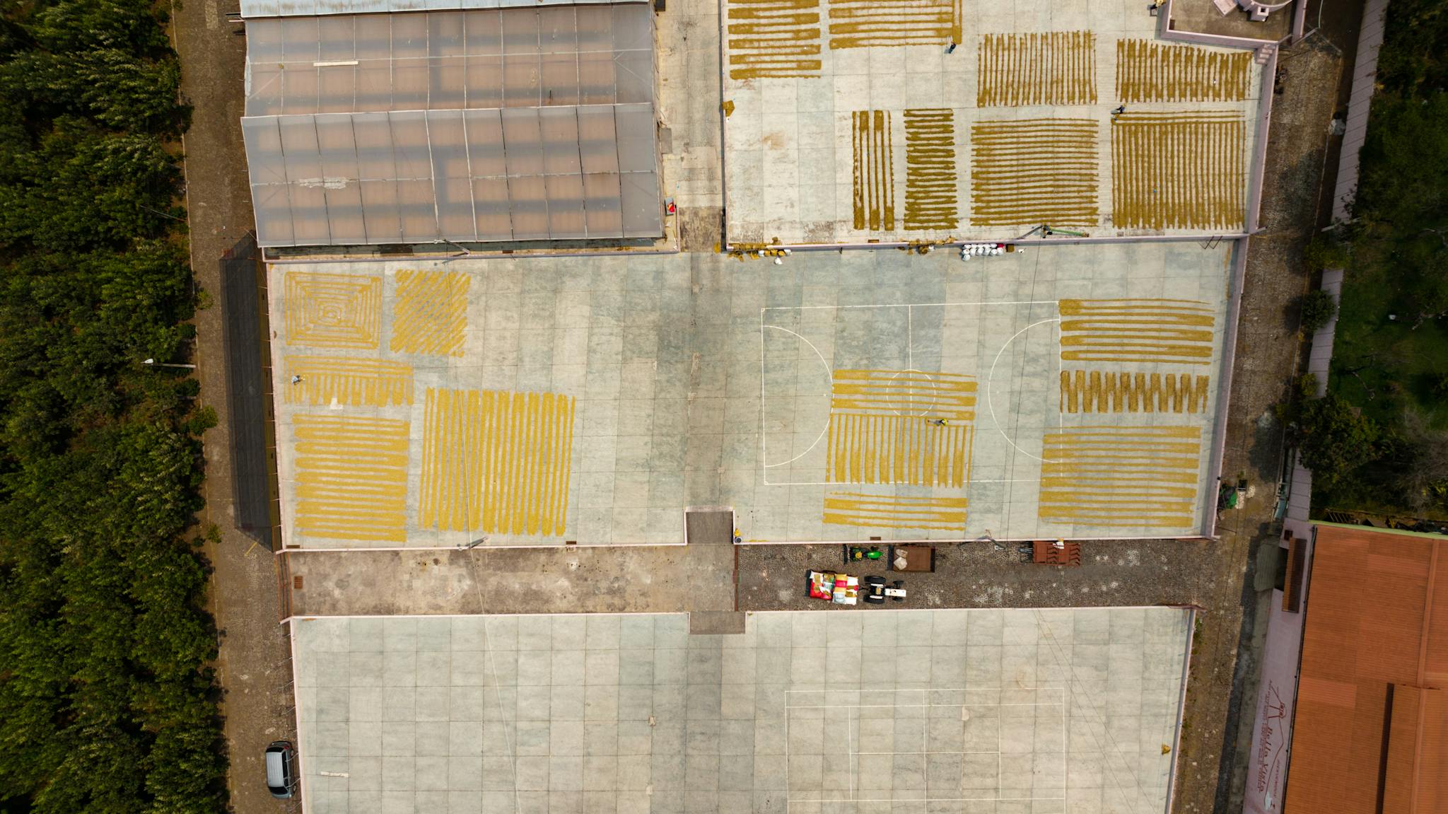 Aerial shot of a facility with crops laid for sun drying on large concrete surfaces.